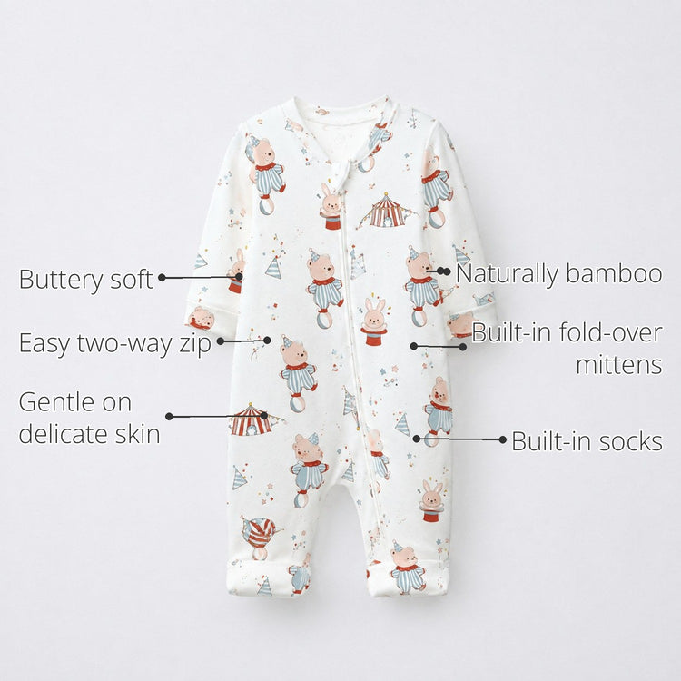 Teddy Carnival Bamboo Baby Sleepsuit – Zip Romper Onesie features