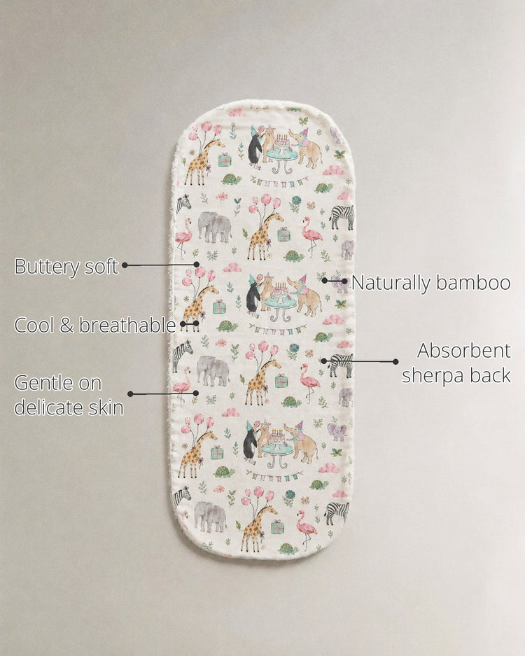 Giraffe Birthday Party Bamboo Baby Burp Cloth features