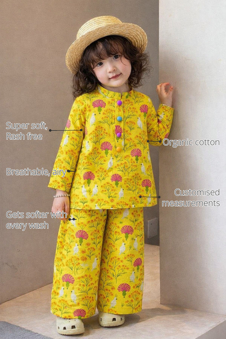 Yellow Floral Girls' Cotton Co-ord Set features