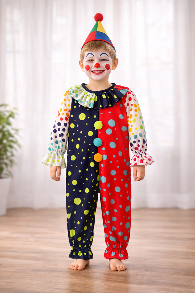 Boy wearing Anaario Big Top Harlequin Jumpsuit, navy and red polka-dot harlequin costume with ruffle collar and clown hat