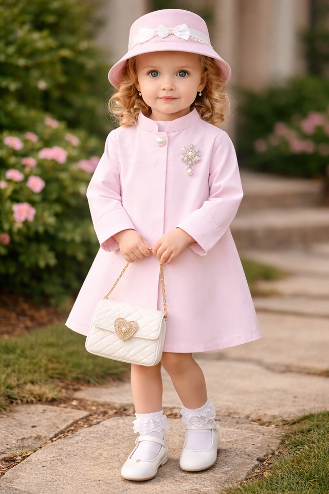 Girl wearing Anaario Park Avenue Princess Coat Set, pink coat with pearl brooch, matching hat and quilted purse