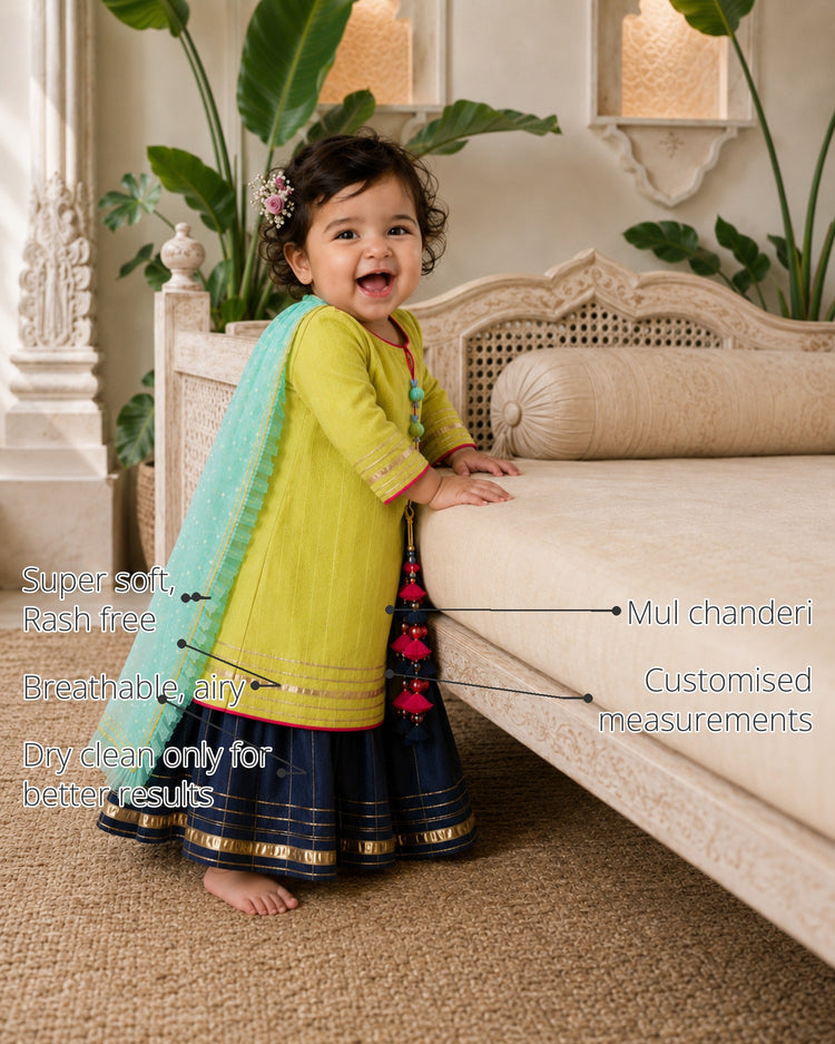 Lime Green Navy Baby Lehenga Set features