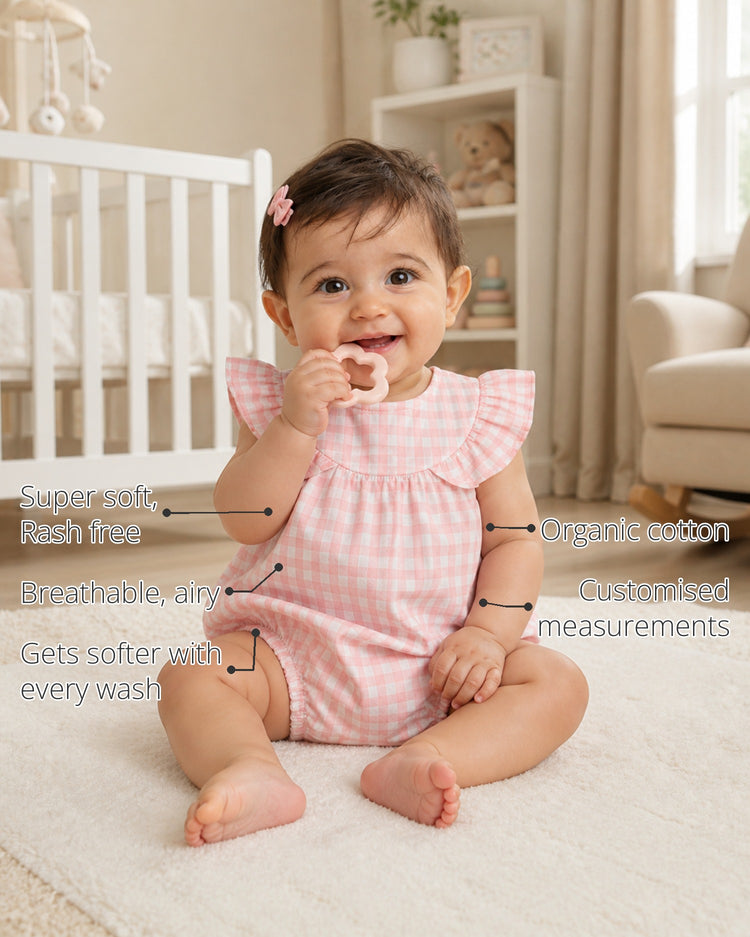 Pink Gingham Frill Yoke Baby Romper features