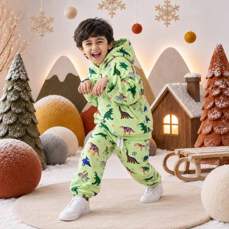 Green Dinosaur Hooded Jogger Set on boy by Anaario – winter kidswear