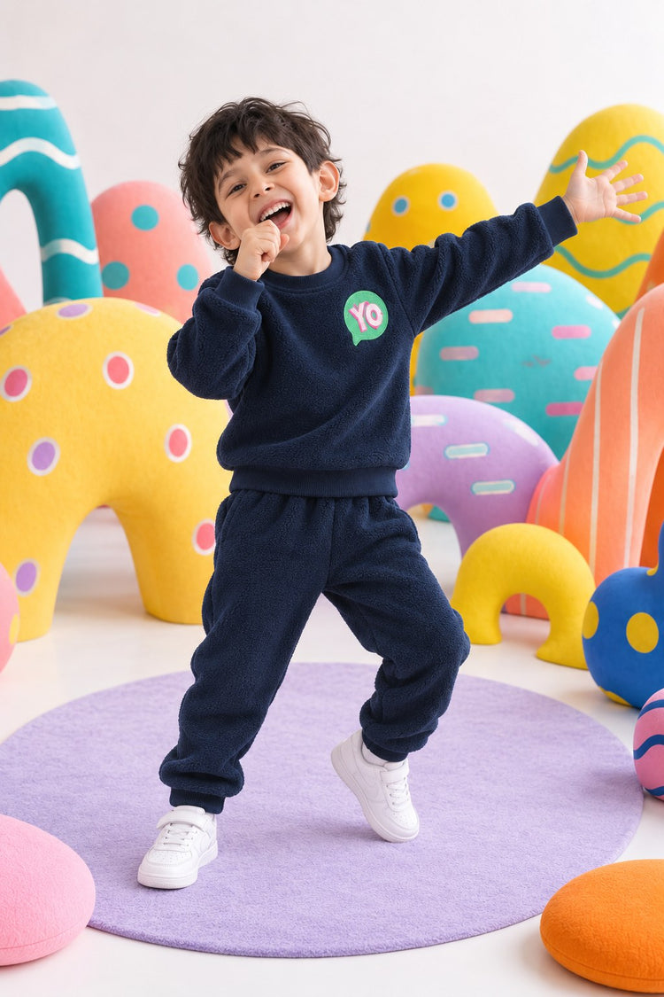 Navy YO Fleece Set on child by Anaario – winter fleecewear