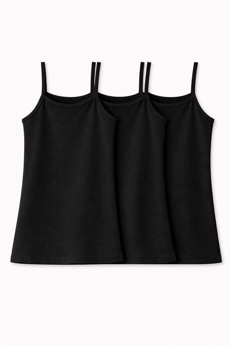 Girls Black Sleeveless Bamboo Vest (Pack of 3)