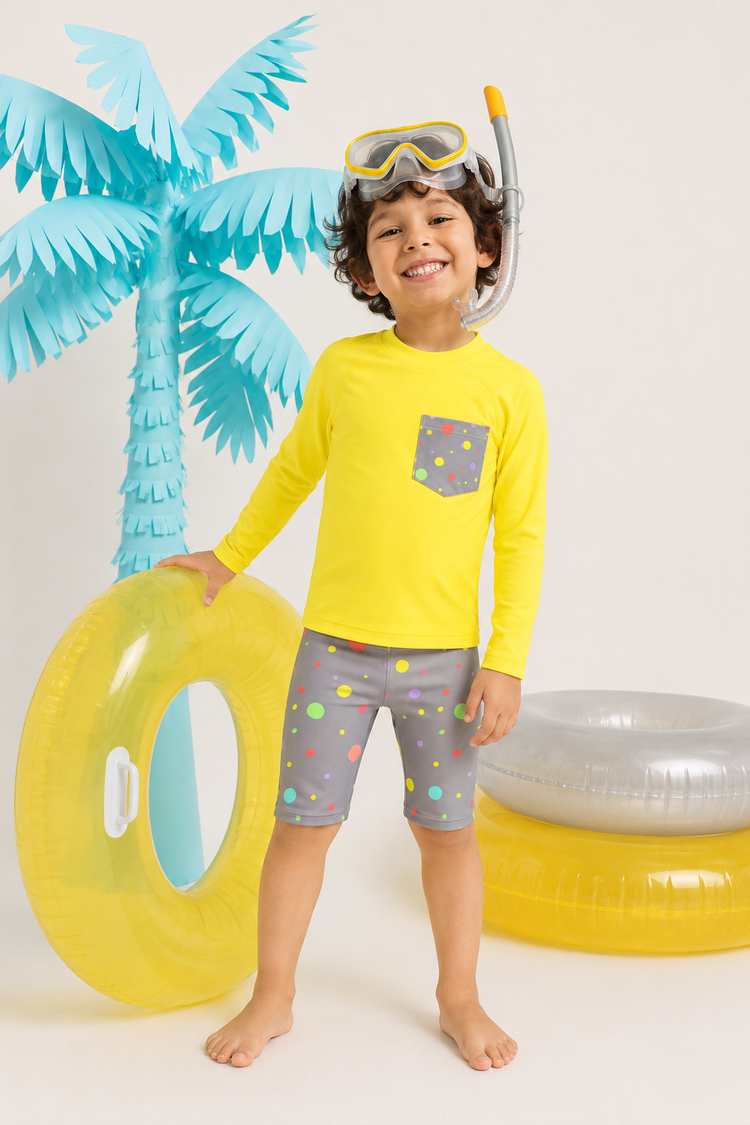 Yellow and Grey Polka Dot Swim Set
