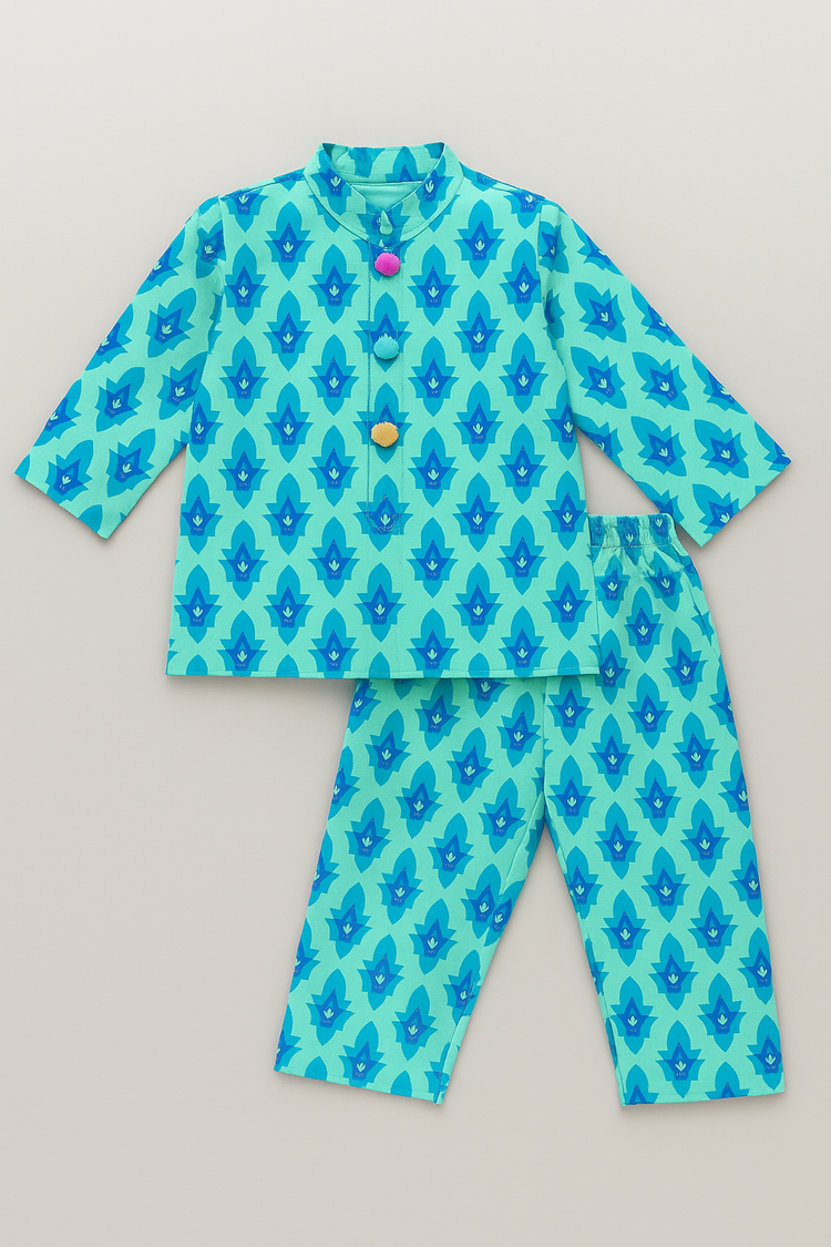 Aqua Blue Geometric Cotton Co-ord Set