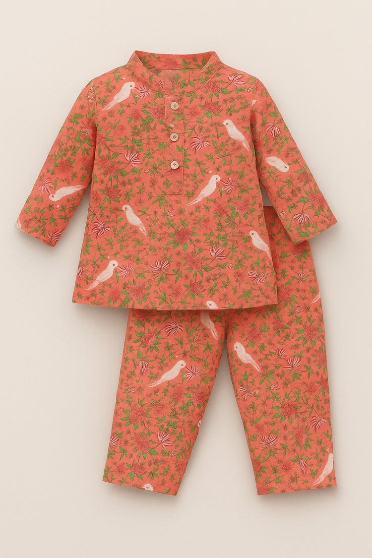 Peach Parrot Cotton Co-ord Set