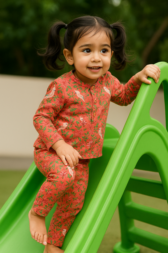 Peach Parrot Cotton Co-ord Set