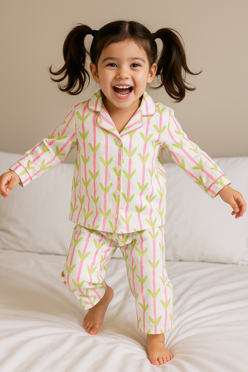 Pink and Green Leaves Pajama Set - Night Wear