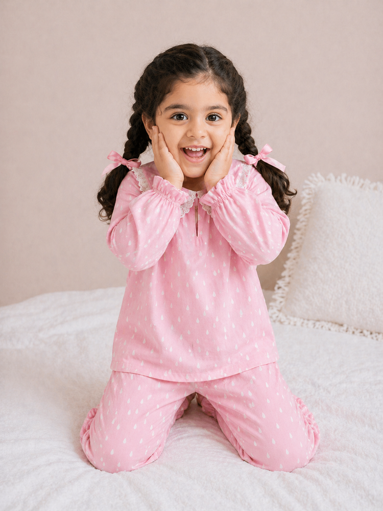 Pink and white Raindrops Night Suit