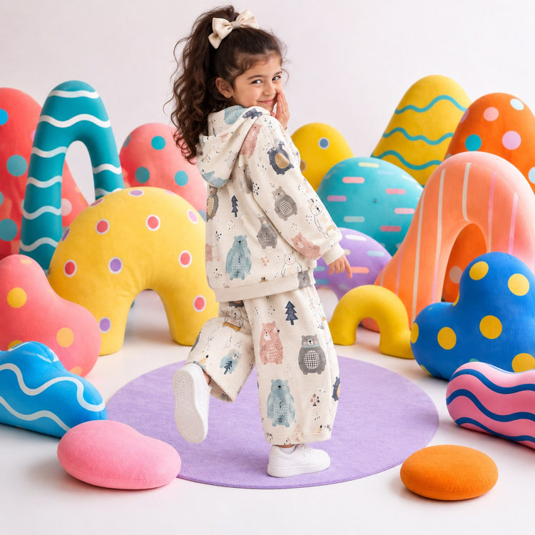 Snow Bear Hooded Barrel Pant Set on girl by Anaario – winter kidswear