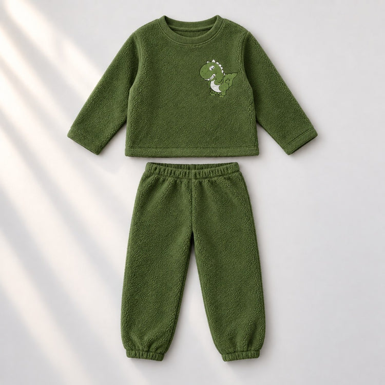 Olive Green Dino Fleece Set top and bottom by Anaario
