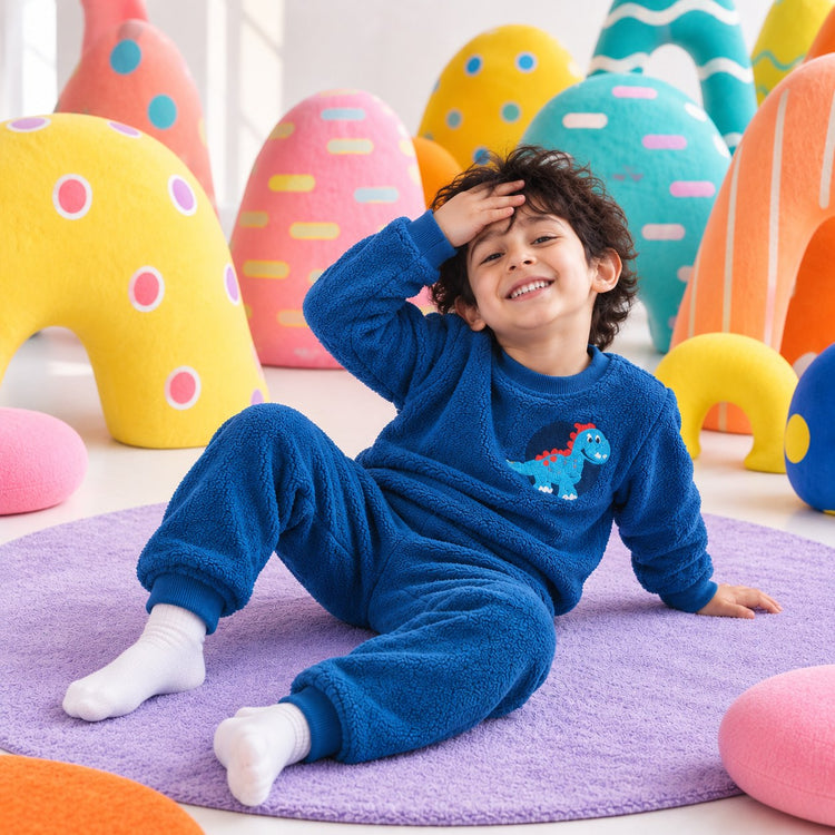 Cobalt Blue Dino Fleece Set on child by Anaario – winter fleecewear