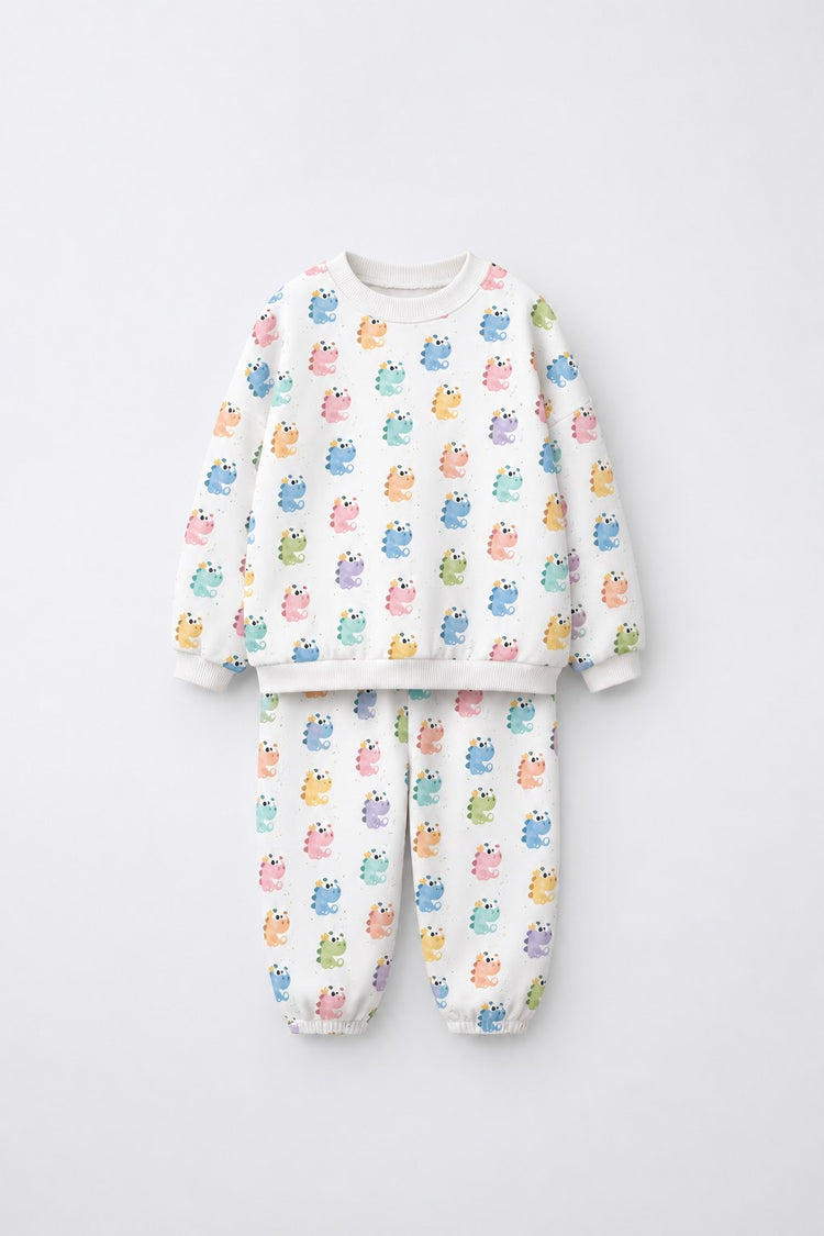 Multi Pastel Dinosaur Barrel Pant Set flat lay by Anaario