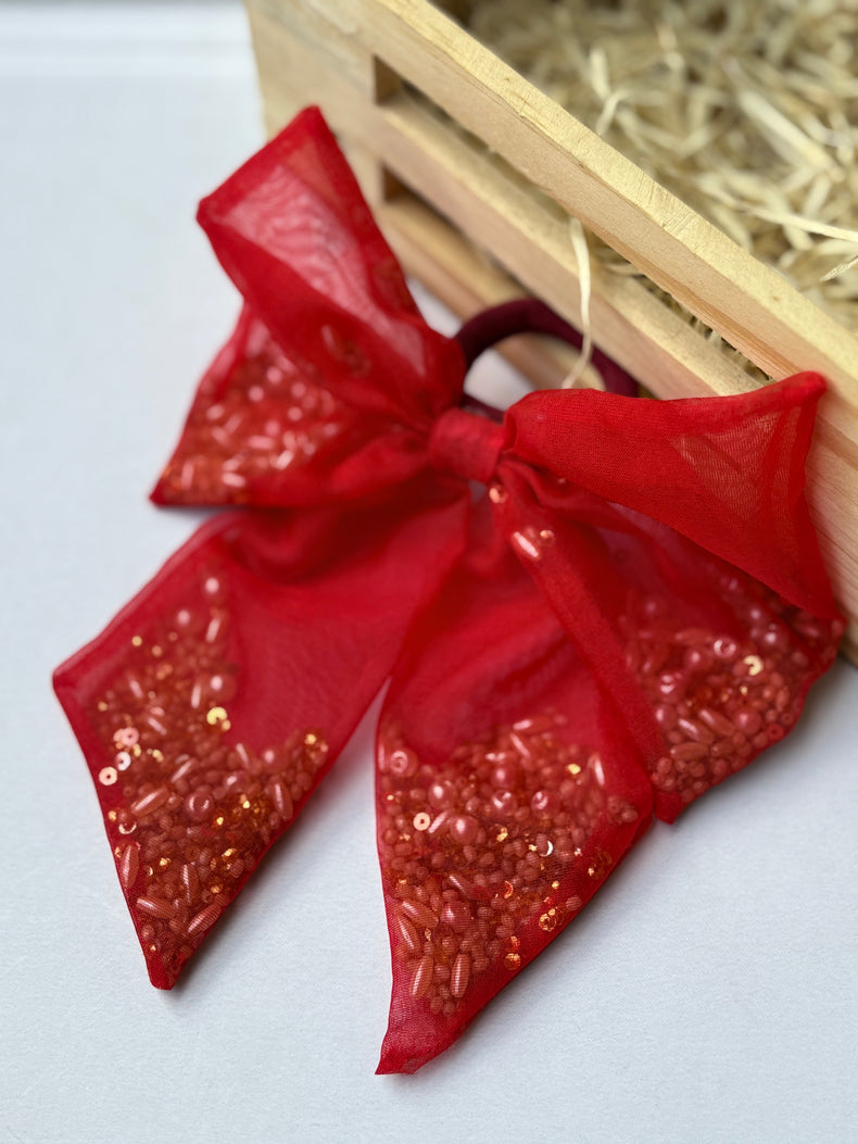 Red Beaded Bow Hair Tie