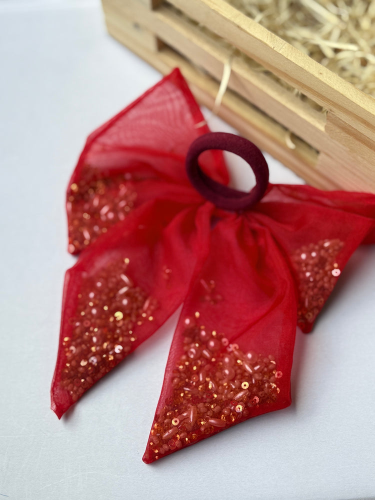 Red Beaded Bow Hair Tie