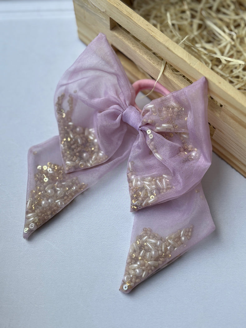 Powder Pink Beaded Bow Hair Tie