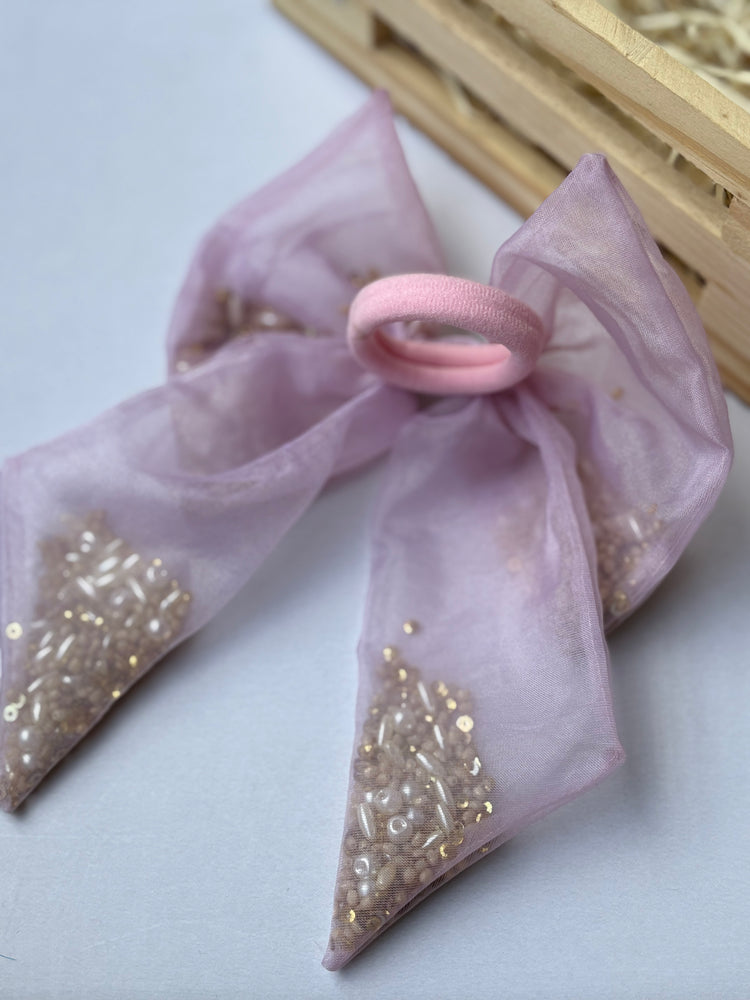 Powder Pink Beaded Bow Hair Tie