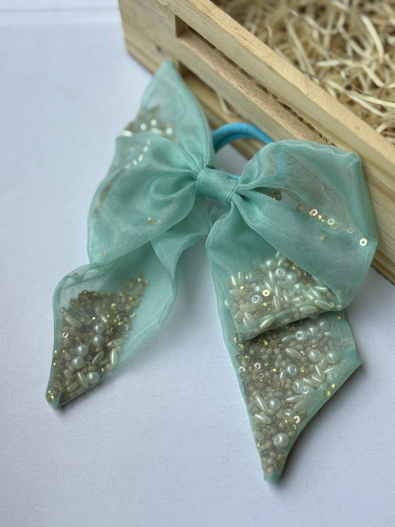 Powder Blue Beaded Bow Hair Tie