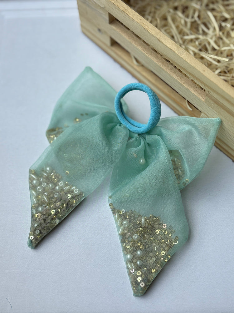 Powder Blue Beaded Bow Hair Tie