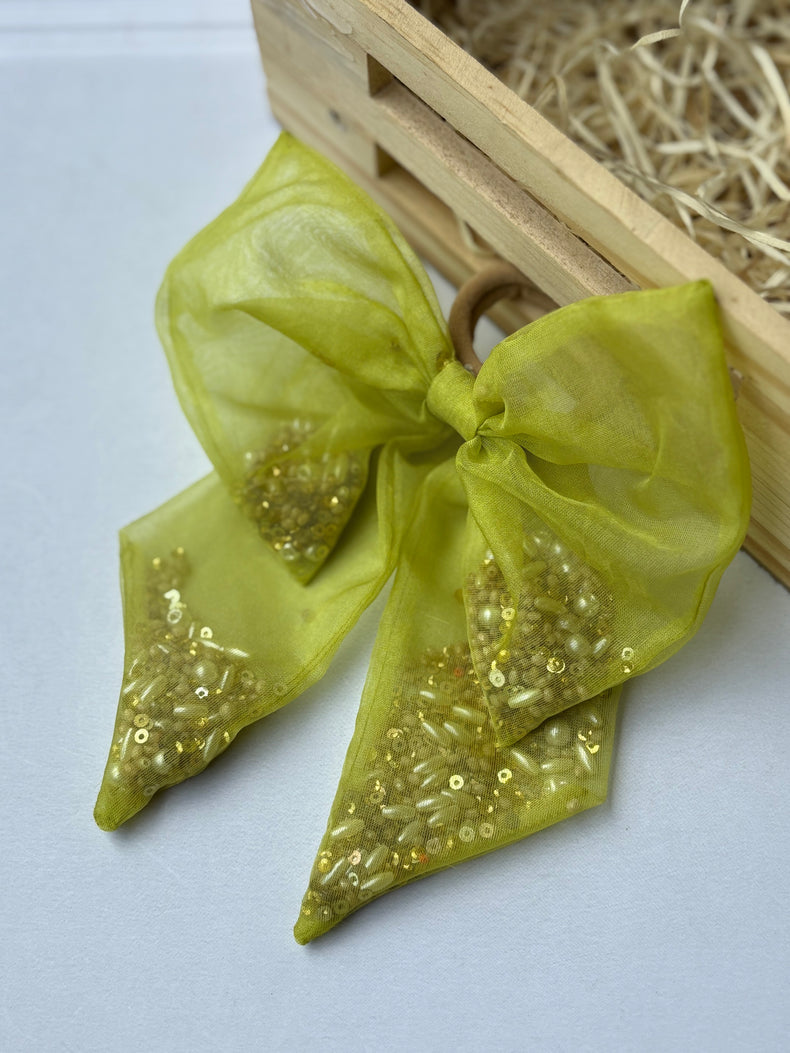 Lime Green Beaded Bow Hair Tie