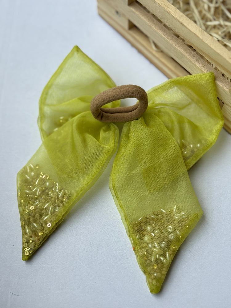 Lime Green Beaded Bow Hair Tie