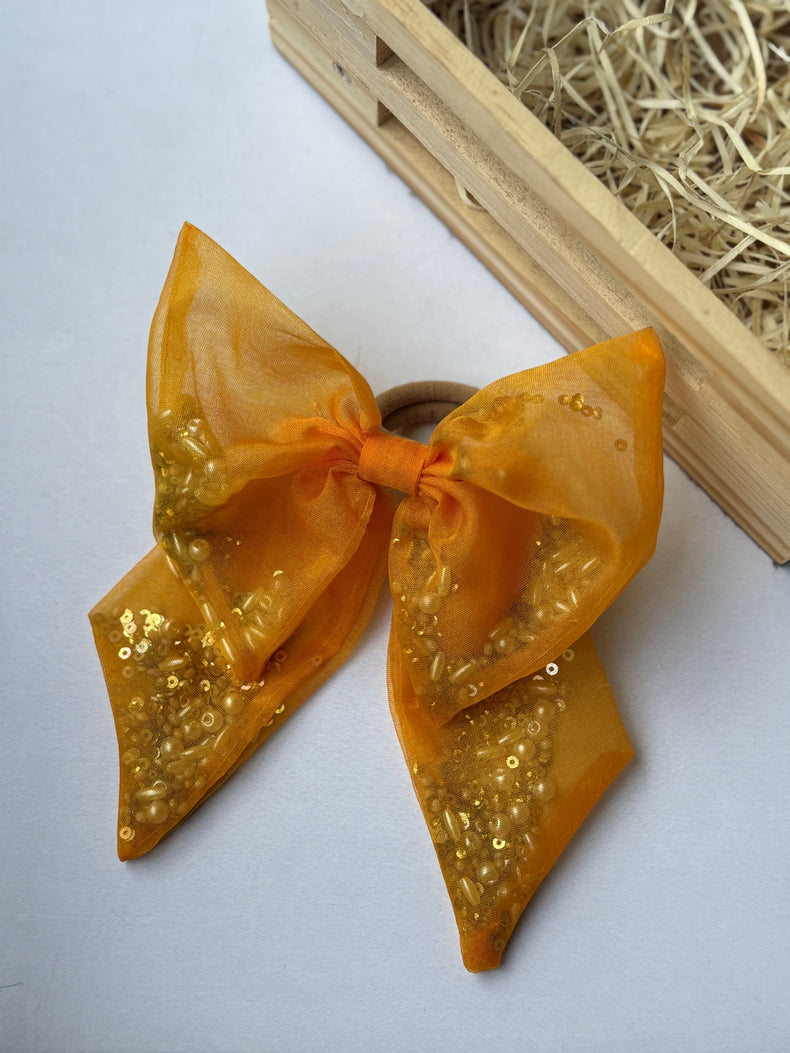 Tangerine Beaded Bow Hair Tie