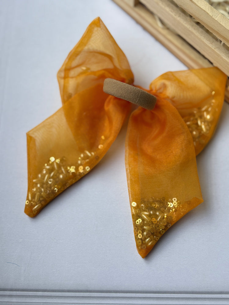 Tangerine Beaded Bow Hair Tie