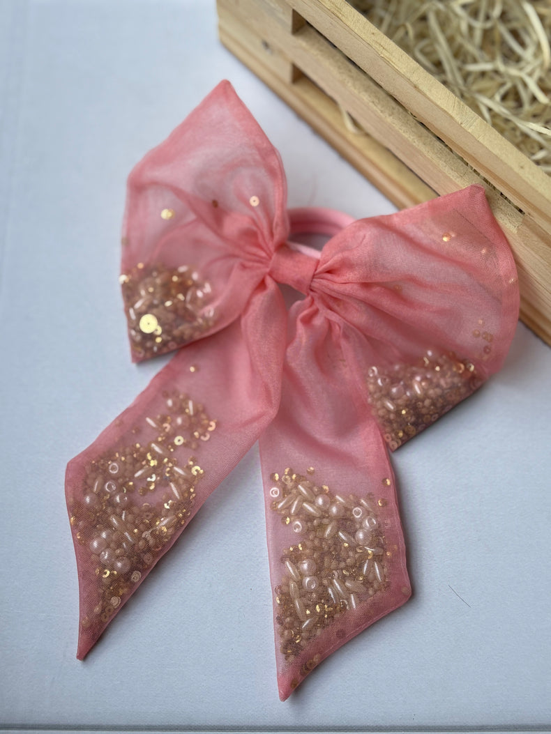 Peachy Beaded Bow Hair Tie