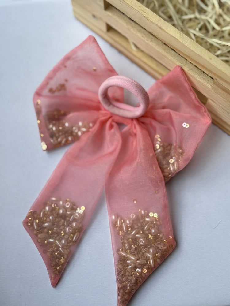 Peachy Beaded Bow Hair Tie