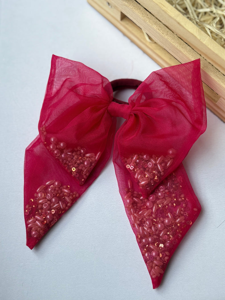 Fuschia Beaded Bow Hair Tie
