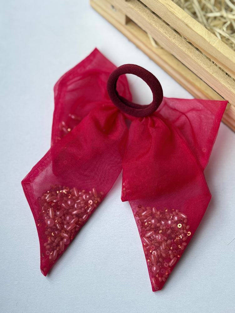 Fuschia Beaded Bow Hair Tie