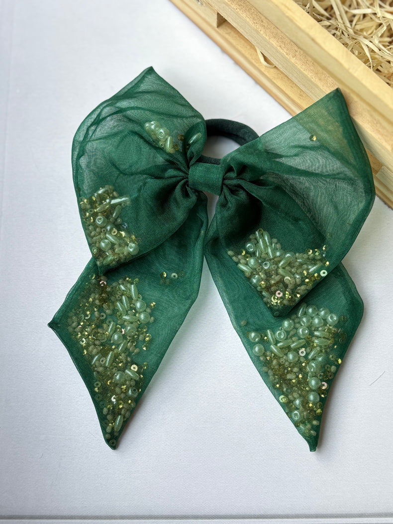 Emerald Green Beaded Bow Hair Tie