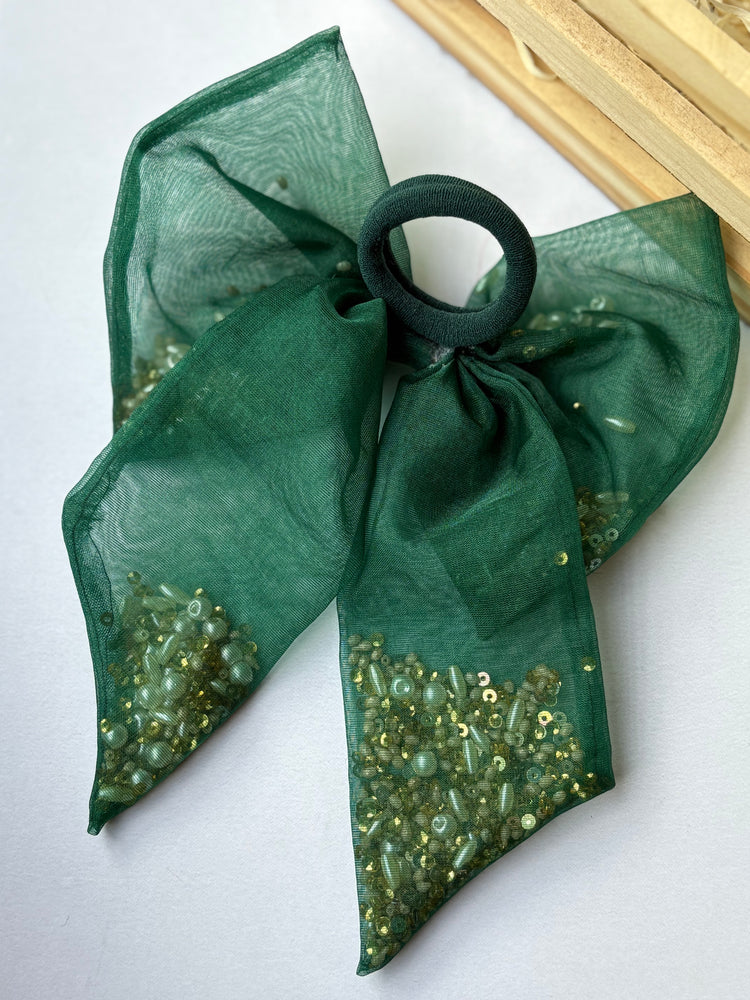Emerald Green Beaded Bow Hair Tie