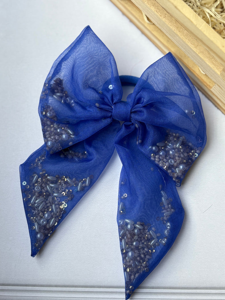 Royal Blue Beaded Bow Hair Tie