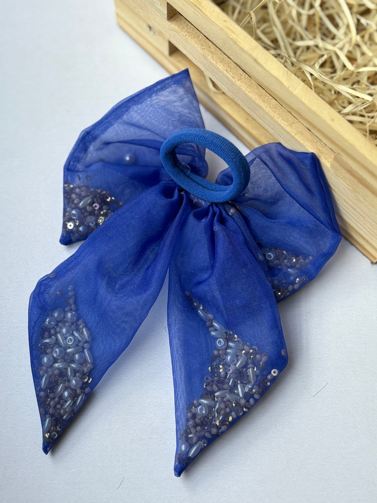 Royal Blue Beaded Bow Hair Tie