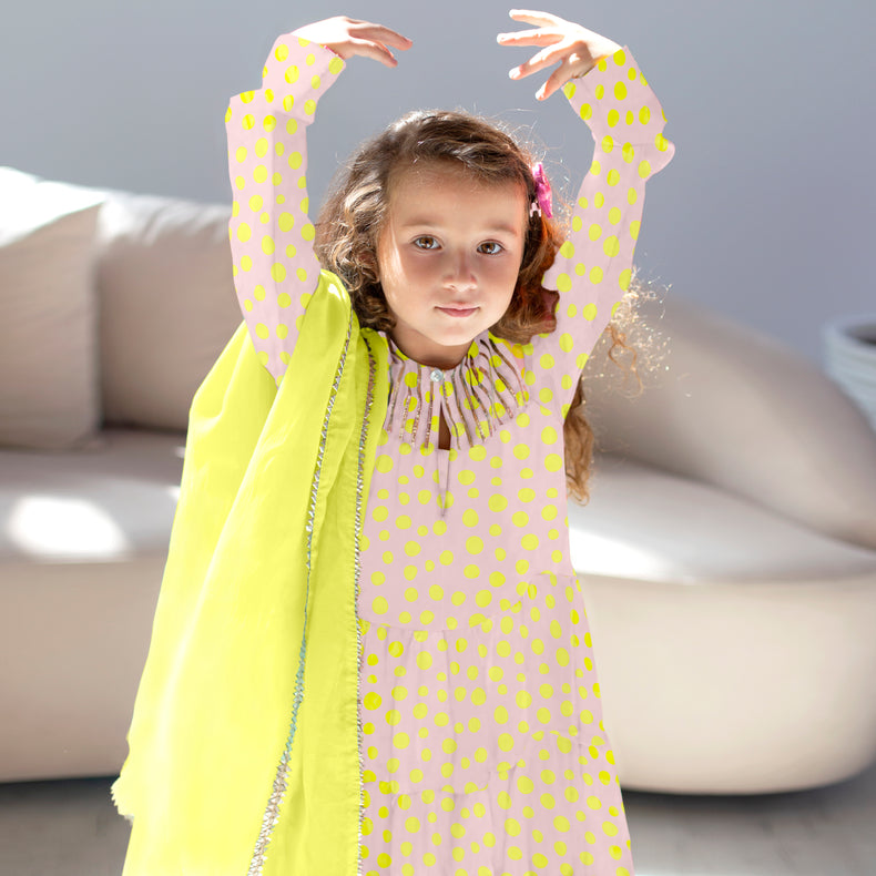 Chaandani Tiered Anarkali with Plain Dupatta - Spotted Yellow