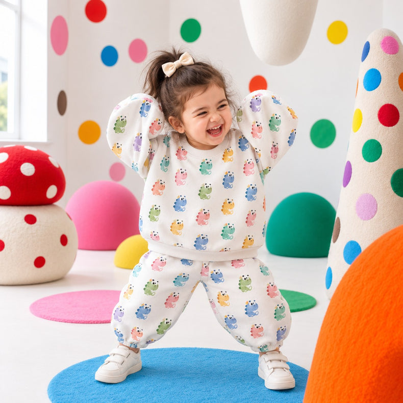 Multi Pastel Dinosaur Barrel Pant Set on girl by Anaario – winter kidswear