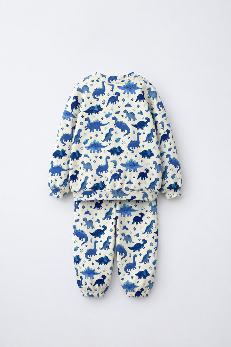 Blue Dinosaur Jogger Set flat lay by Anaario