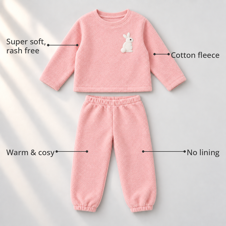 Pink Bunny Fleece Set feature highlights by Anaario – super soft, warm cotton fleece, no lining