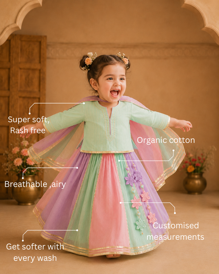 Girl wearing Anaario Mint Lilac Pink Lehenga Set