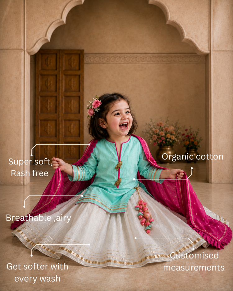 Girl wearing Anaario Mint Bird Lehenga Set