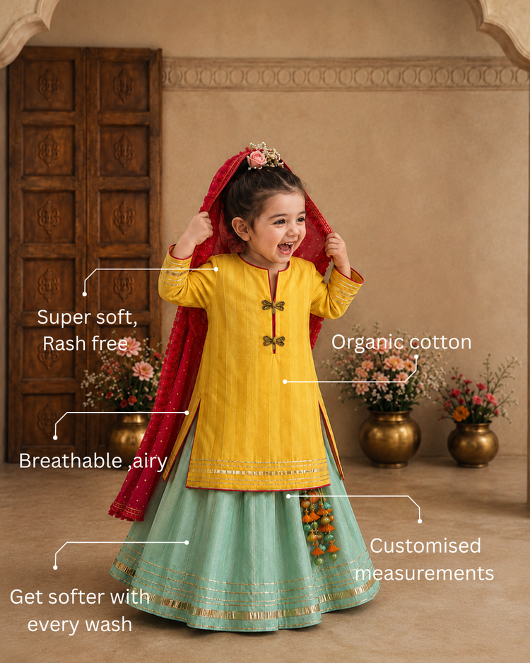 Girl wearing Anaario Yellow Dragonfly Lehenga Set