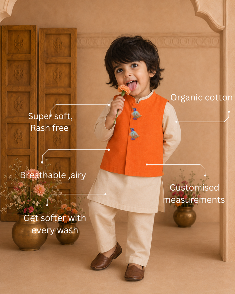 Cream Bird-Motif Waistcoat Set (Orange Waistcoat)