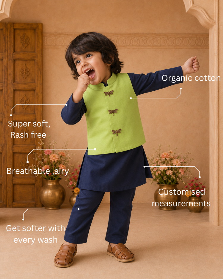 Navy Dragonfly-Motif Waistcoat Set (Lime Waistcoat)