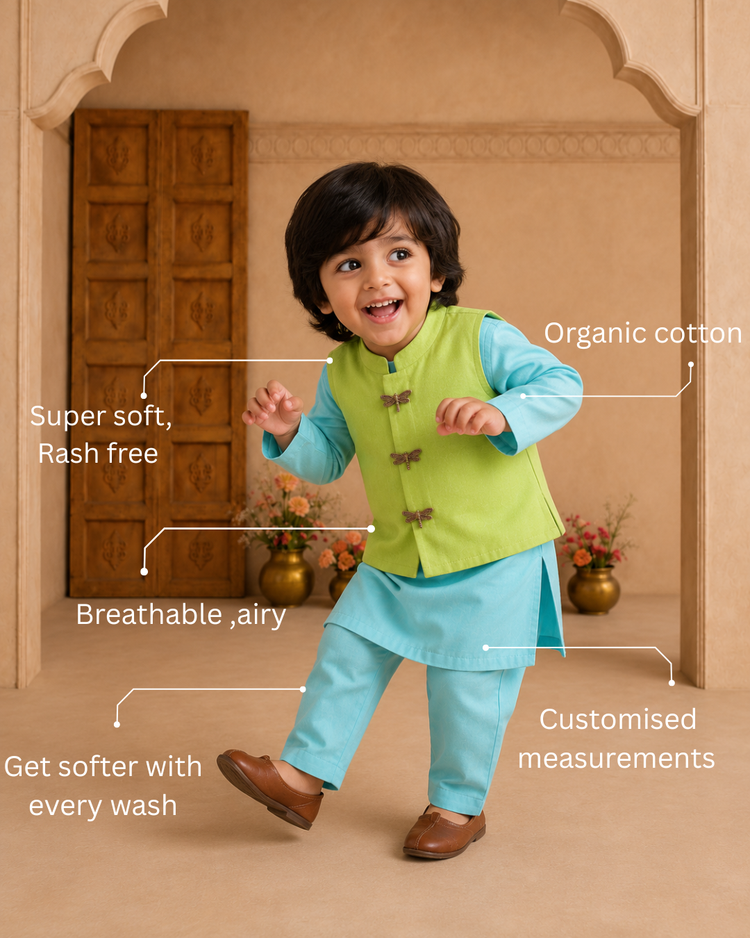 Sky Blue Dragonfly-Motif Waistcoat Set (Lime Waistcoat)