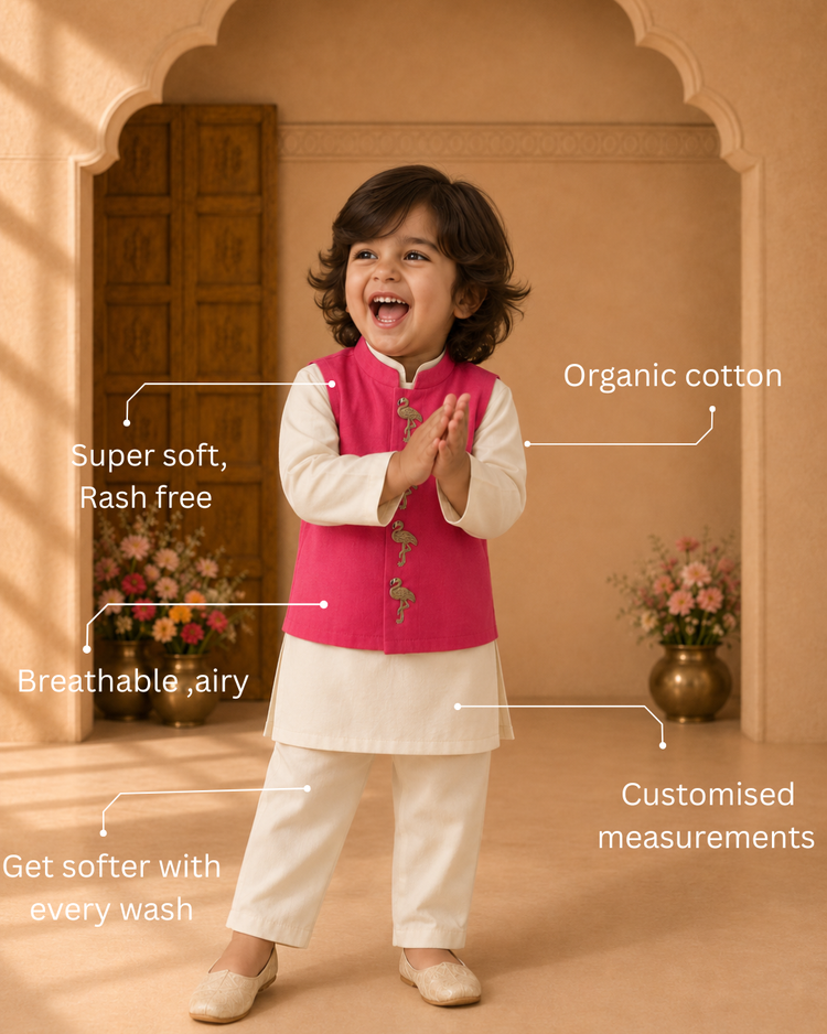 Cream Flamingo-Motif Waistcoat Set (Pink Waistcoat)