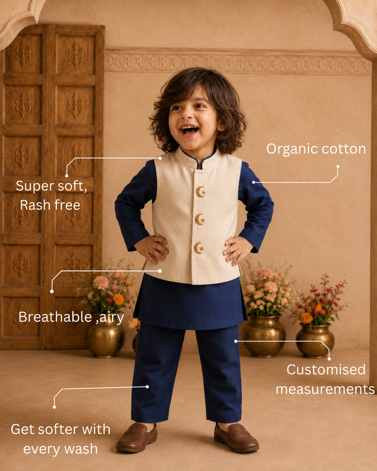 Navy Moon-Star Waistcoat Set (Cream Waistcoat)